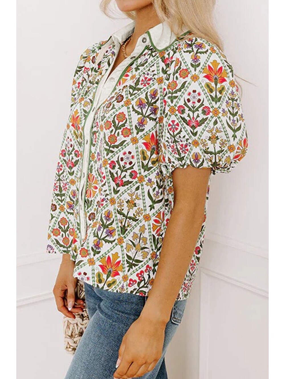 Vintage Style Floral Pattern Button-Up Shirt with Puff Sleeves - Picture 8 of 8
